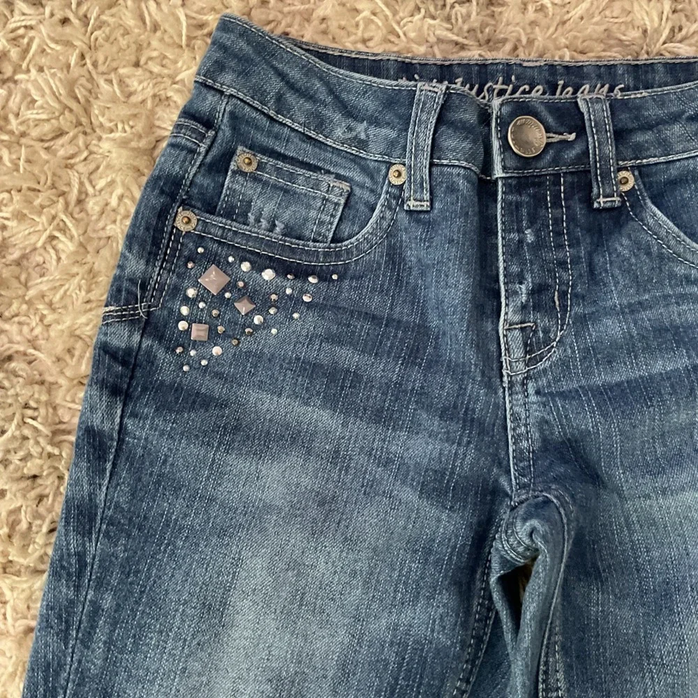 Justice Girls Simply Low Slim Jeans Medium Wash Rhinestone Studded Size 10S